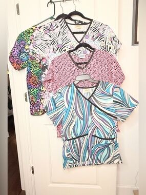 Scrub Tops Lot Small 5 Pc Tafford Landau White Cross Nurse Uniform Prints